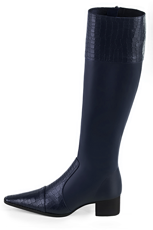 French elegance and refinement for these navy blue riding knee-high boots, 
                available in many subtle leather and colour combinations. Record your foot and leg measurements.
We will adjust this beautiful boot with inner zip to your leg measurements in height and width.
For fans of slim, feminine designs.
You can customise it with your own materials and colours on the "My favourites" page.
 
                Made to measure. Especially suited to thin or thick calves.
                Matching clutches for parties, ceremonies and weddings.   
                You can customize these knee-high boots to perfectly match your tastes or needs, and have a unique model.  
                Choice of leathers, colours, knots and heels. 
                Wide range of materials and shades carefully chosen.  
                Rich collection of flat, low, mid and high heels.  
                Small and large shoe sizes - Florence KOOIJMAN